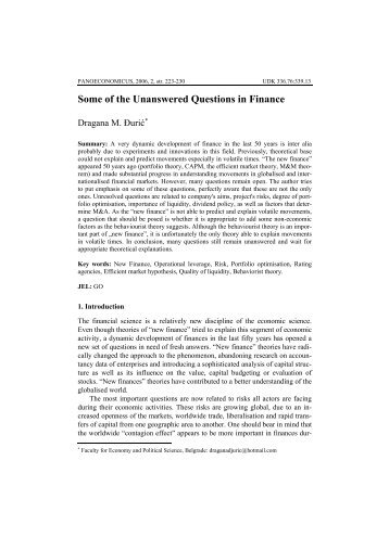Some of the Unanswered Questions in Finance - doiSerbia