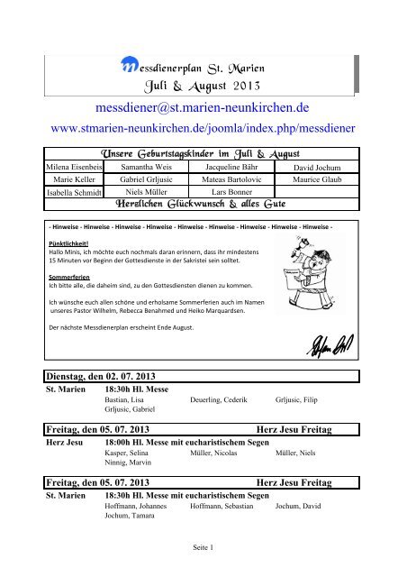 Messdienerplan Juli/August 2013 - Kath. Kirchengemeinde St ...