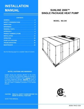 Y-IM, BQ240 Sunline 2000 Single Package Heat Pump