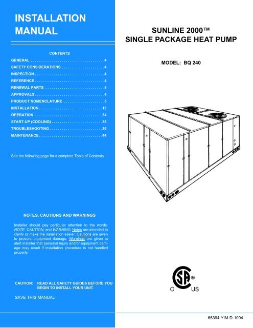 Y-IM, BQ240 Sunline 2000 Single Package Heat Pump