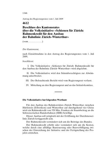 Antrag RR an KR Schienen für Zürich - Kanton Zürich