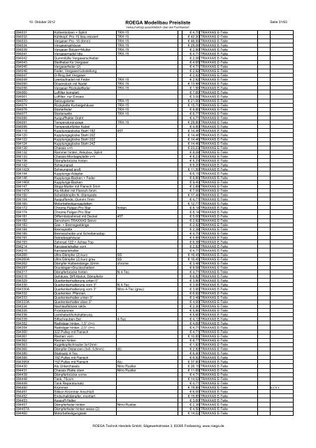 ROEGA Modellbau Preisliste - bei Roega