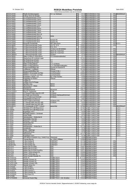 ROEGA Modellbau Preisliste - bei Roega