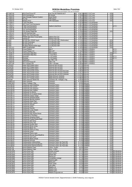 ROEGA Modellbau Preisliste - bei Roega