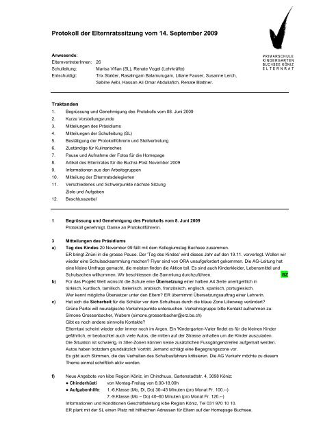Protokoll der Elternratssitzung vom 14. September 2009 - Buchsee