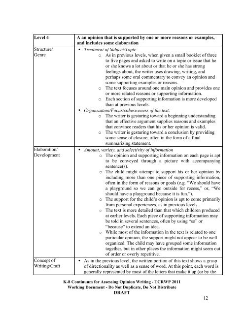 Continuum for Assessing Opinion/Argument Writing - The Reading ...