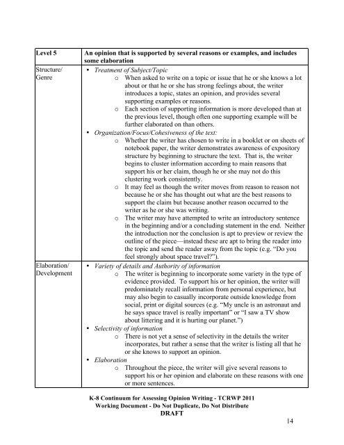 Continuum for Assessing Opinion/Argument Writing - The Reading ...