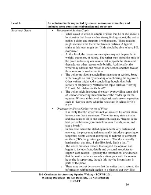 Continuum for Assessing Opinion/Argument Writing - The Reading ...