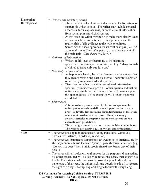 Continuum for Assessing Opinion/Argument Writing - The Reading ...