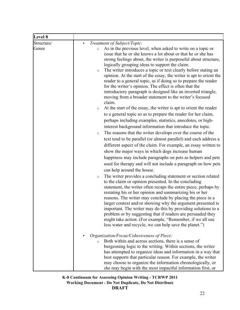 Continuum for Assessing Opinion/Argument Writing - The Reading ...