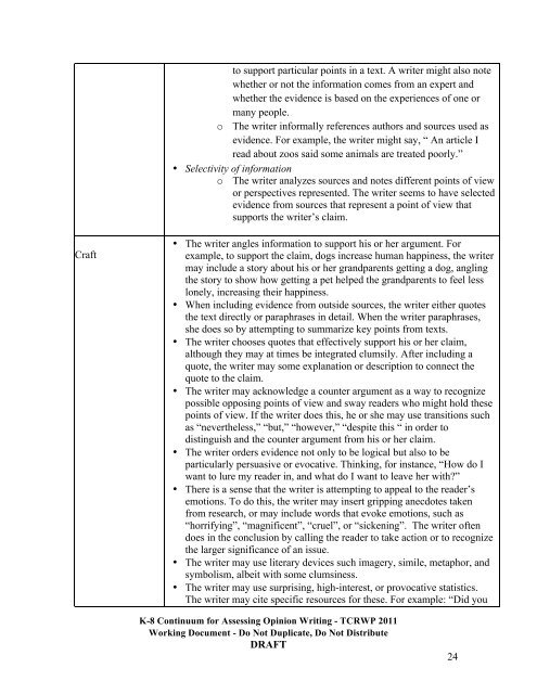 Continuum for Assessing Opinion/Argument Writing - The Reading ...