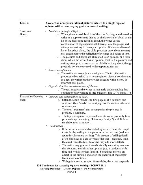 Continuum for Assessing Opinion/Argument Writing - The Reading ...