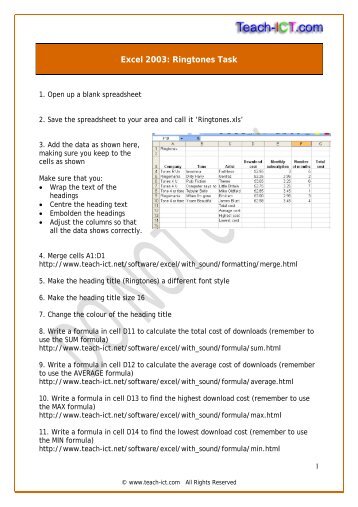 Excel 2003: Ringtones Task - Teach ICT