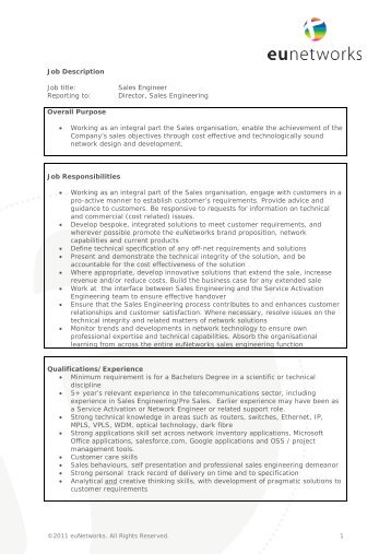 Job Description Job title: Sales Engineer Reporting to ... - euNetworks