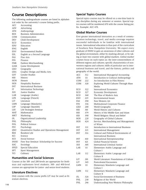 Undergraduate Catalog 2010-2011 - SNHU Academic Archive ...