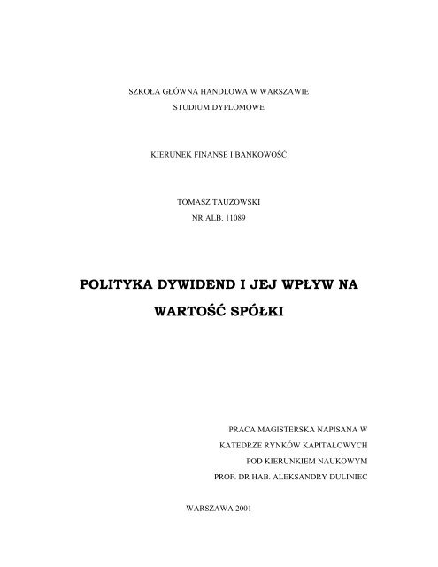 polityka dywidend i jej wpÃ…Â‚yw na wartoÃ…Â›Ã„Â‡ spÃƒÂ³Ã…Â‚ki - SzkoÃ…Â‚a GÃ…Â‚ÃƒÂ³wna ...