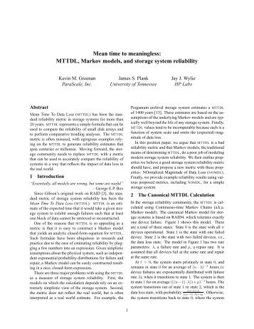 Mean time to meaningless: MTTDL, Markov models, and ... - Usenix