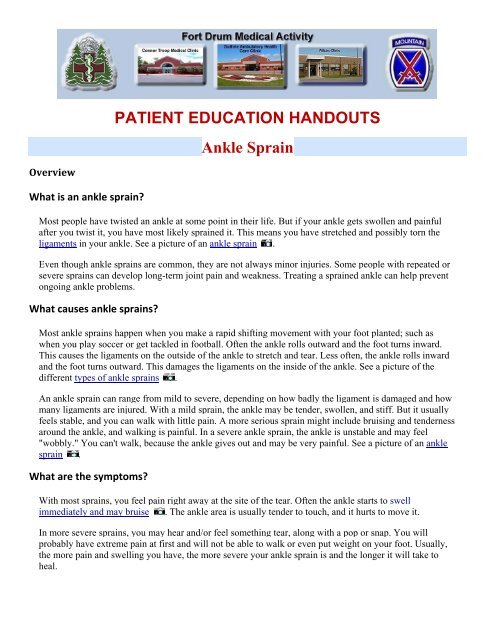 PATIENT EDUCATION HANDOUTS Ankle Sprain - US Army ...