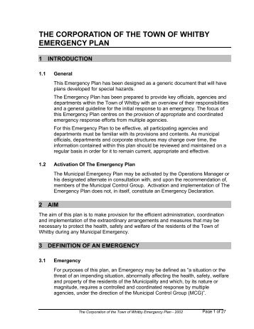 the corporation of the town of whitby emergency plan