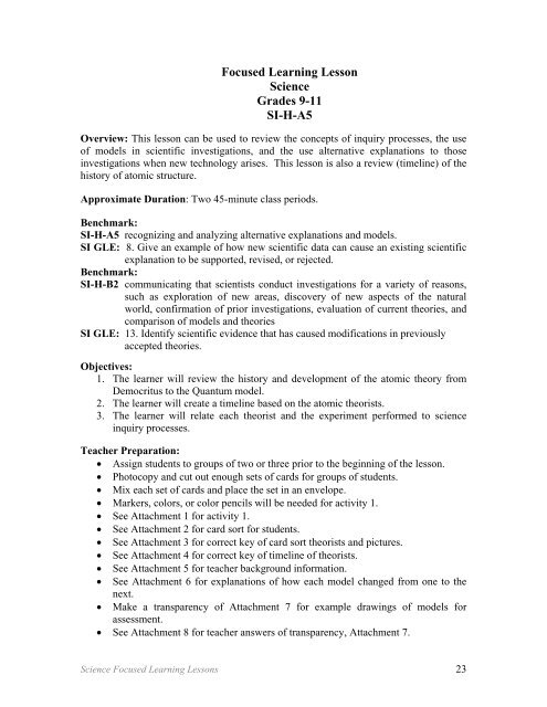 Focused Learning Lesson Science Grades 9 11 Si H A5