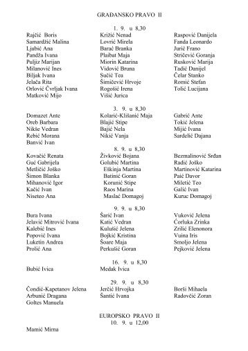 GRAÄANSKO PRAVO II 1. 9. u 8,30 RajÄiÄ Boris KriÅ¾iÄ Nenad ...