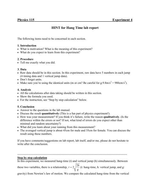 Physics 115 Experiment 4 HINT for Hang Time lab report