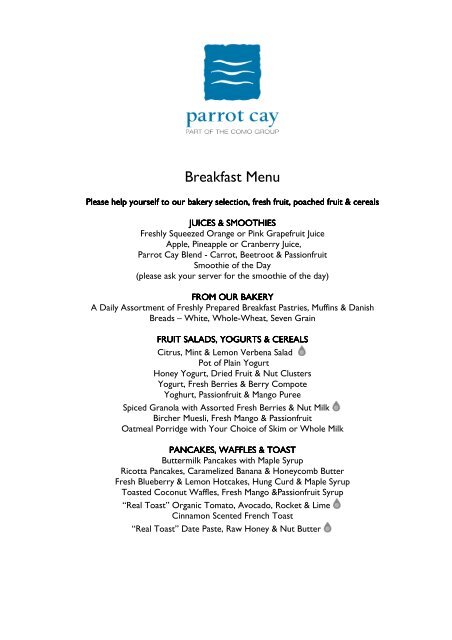 Breakfast Menu sample - COMO Hotels and Resorts