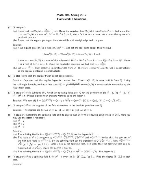 Math 306 Spring 12 Homework 6 Solutions Math 306 Spring 12 Homework 6 Solutions