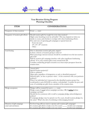 Your Reunion Giving Program Planning Checklist ITEM ...