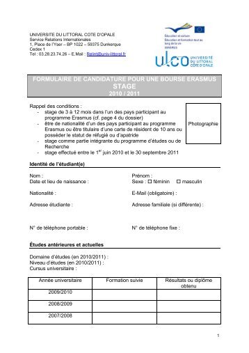 Formulaire de candidature Bourse Erasmus - UniversitÃ© du Littoral ...