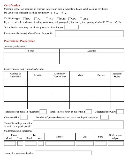 Professional Application Form - McDonald County R-1 School District