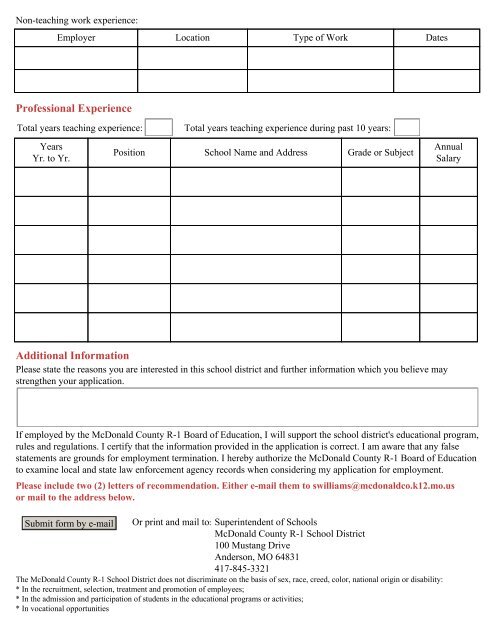 Professional Application Form - McDonald County R-1 School District