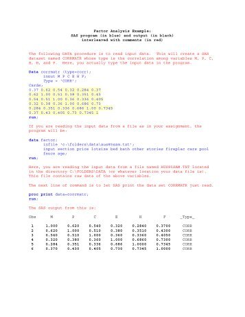 Factor Analysis Example: SAS program (in blue) and output (in black ...