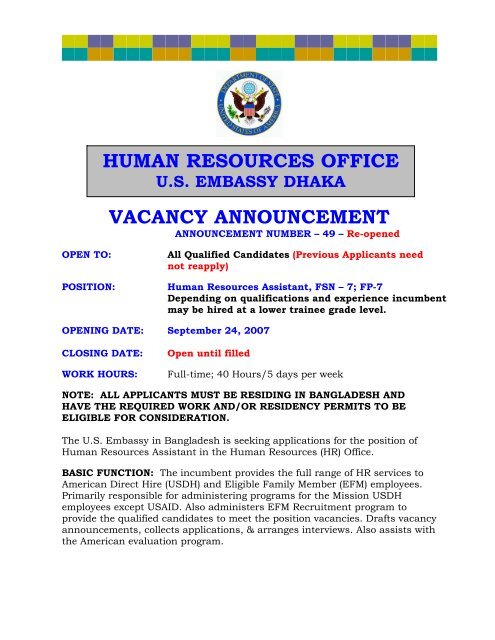 vacancy announcement human resources office - Embassy of the ...