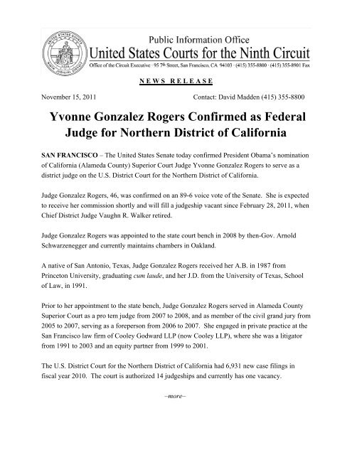 Yvonne Gonzalez Rogers Confirmed as Federal Judge for Northern ...