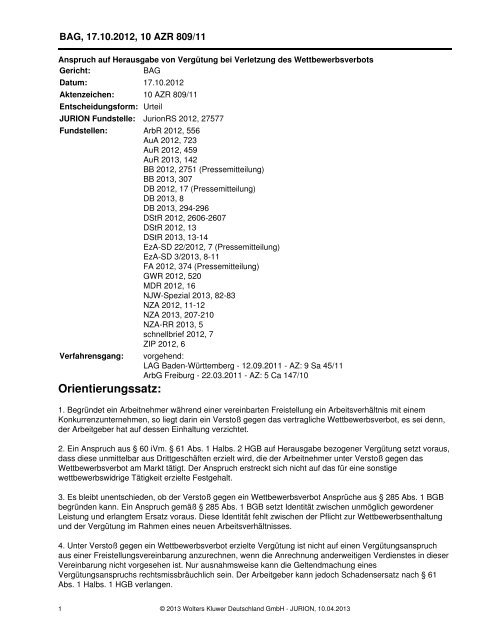 10 AZR 809/11 - Fachanwalt Arbeitsrecht