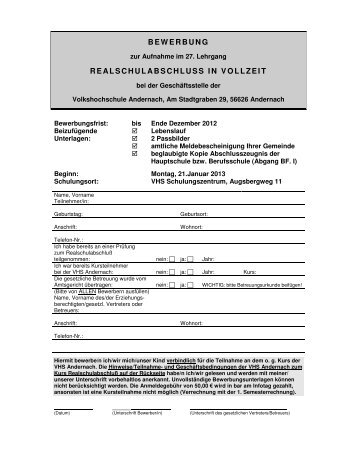 BEWERBUNG REALSCHULABSCHLUSS IN VOLLZEIT - Andernach