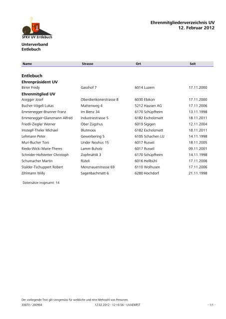 Mitgliederverzeichnis 2012 - Unterverband Entlebuch der SFKV