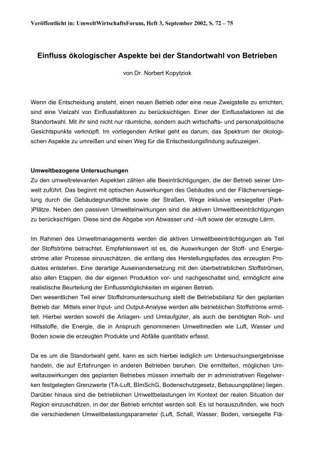 Einfluss ökologischer Aspekte bei der Standortwahl von Betrieben