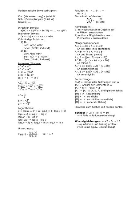 Mathematik I Formelsammlung Ws01 02 Pdf Roland Steffen