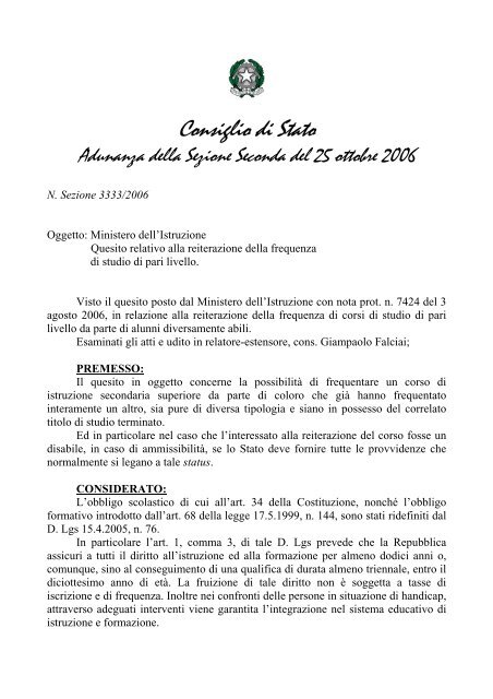 Parere n. 3333/2006 - Archivio Pubblica Istruzione