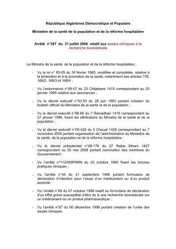 ArrÃªtÃ© nÂ°387 du 31 juillet 2006 relatif aux essais ... - SantÃ©-DZ