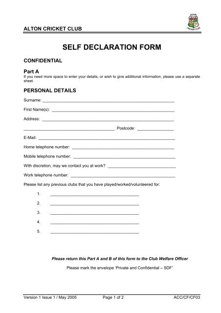 cf03 self declaration form - Alton Cricket Club