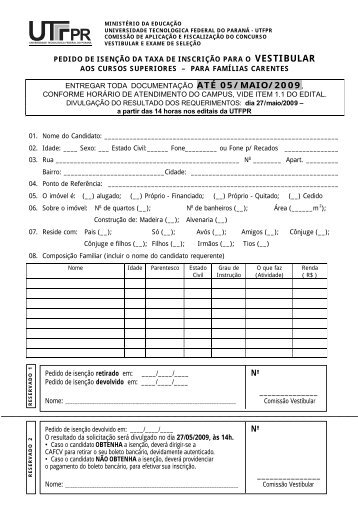 Formulário para solicitação de isenção - UTFPR