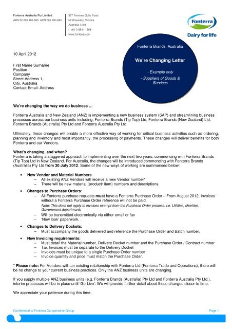 Fba Vendor Letter Fonterra