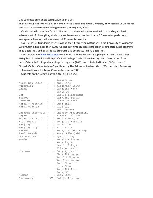 Uwa La Crosse Announces Spring 09 Dean S List The Following