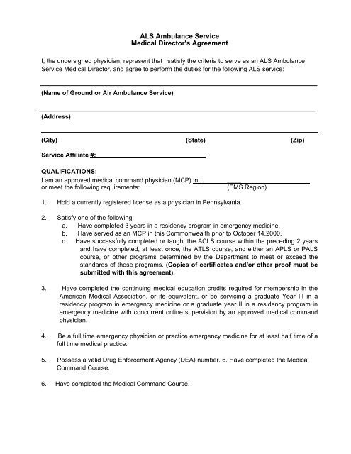 ALS Ambulance Service Medical Director's Agreement