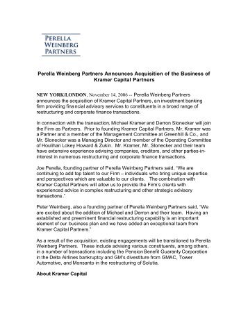 Perella Weinberg Partners Announces Acquisition of Kramer Capital ...