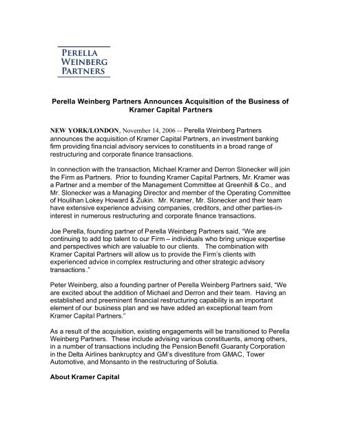 Perella Weinberg Partners Announces Acquisition of Kramer Capital ...