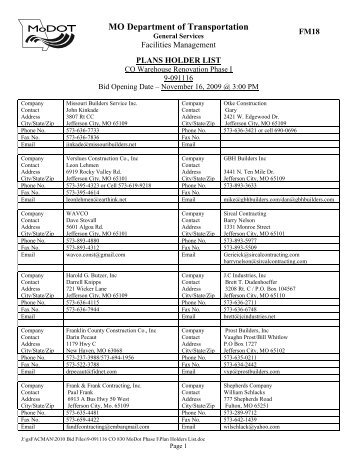 PLANS HOLDER LIST - Missouri Department of Transportation